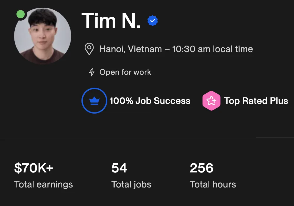 Hồ sơ Upwork của Tim N.: 100% Job Success, Top Rated Plus, hơn 70.000 USD thu nhập, 54 job, 256 giờ